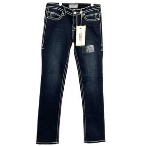Iris Jeans Womens Embellished Flap Pockets Stretch Navy Jeans Sz 7 (31"x33") NWT